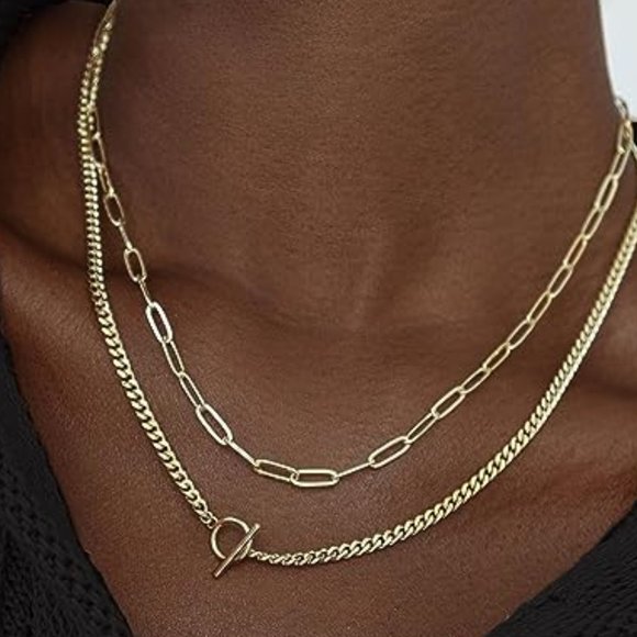 Set of 2 Layered 14K Gold Necklaces Dainty Minimalist Thin Chain Link Jewelry - Picture 5 of 8